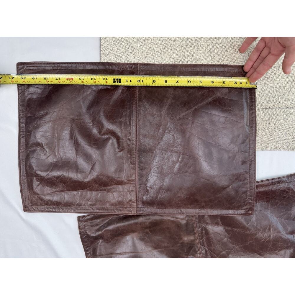 Vintage Genuine Leather Lumbar Pillow Covers Set 3 Mahogany Brown 12x20 Jute - Picture 8 of 11